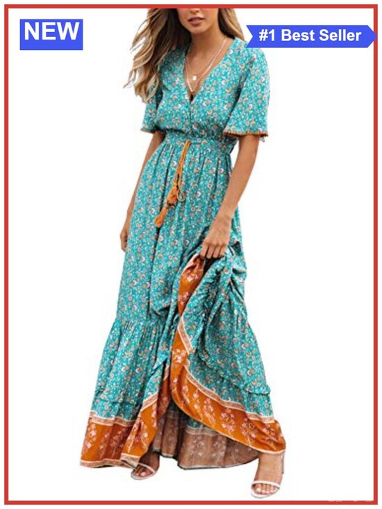 Dresses & Skirts - Womens Floral Print Boho Midi Dress V Neck Button Short Sleeve Rayon